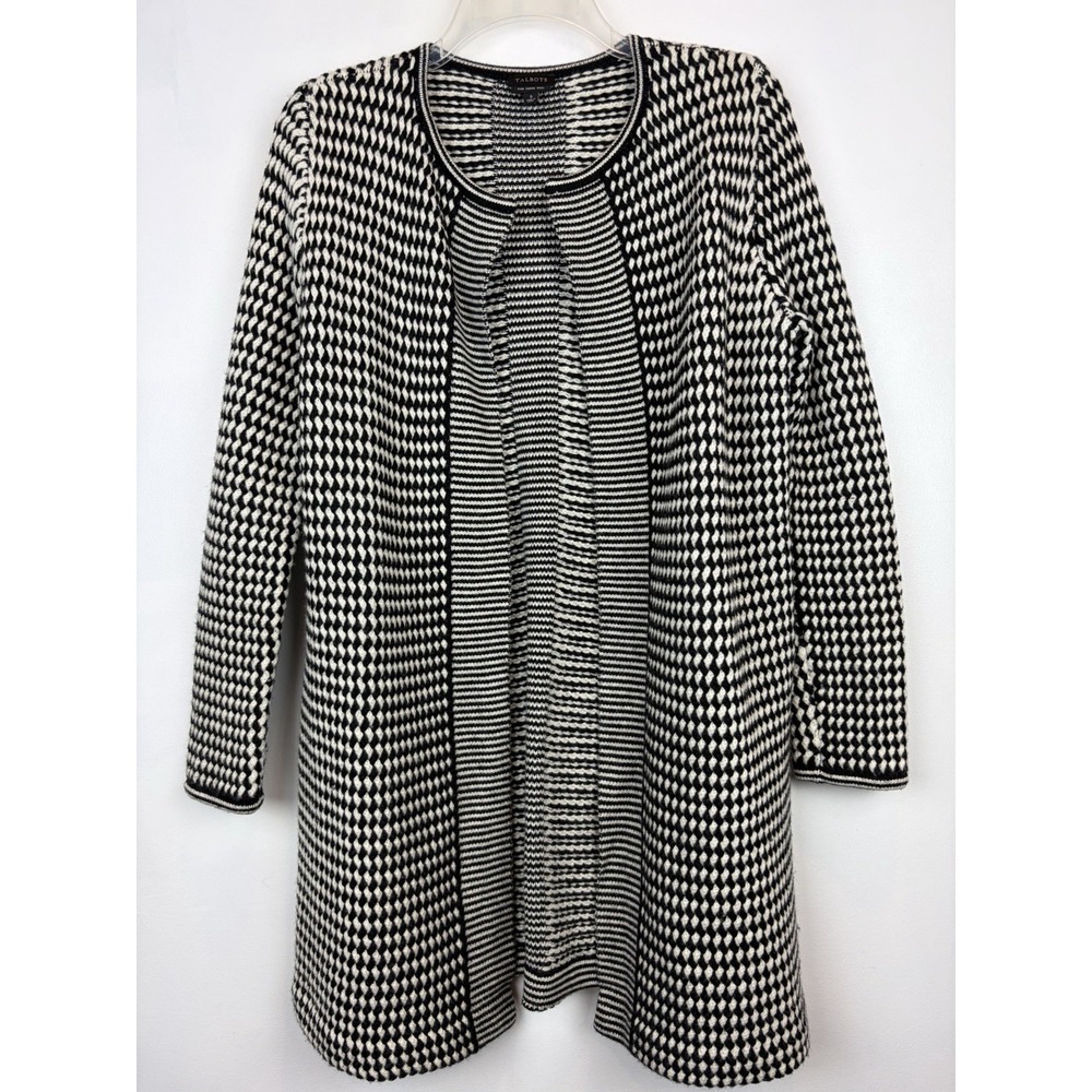 Talbots Open Front Cardigan Women Small 100% Pure Merino Wool Black White Career